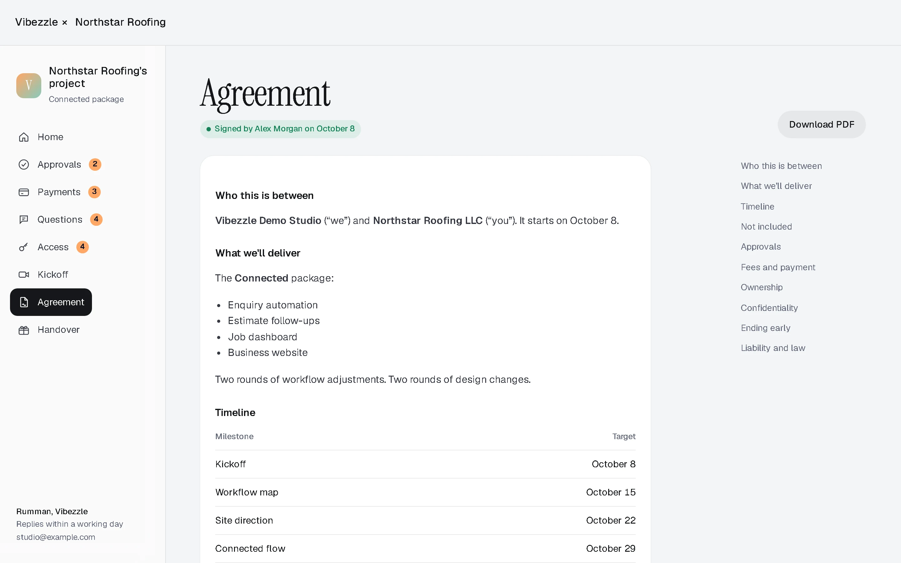 Charter portal: a signed agreement for Northstar Roofing with deliverables and a milestone timeline.