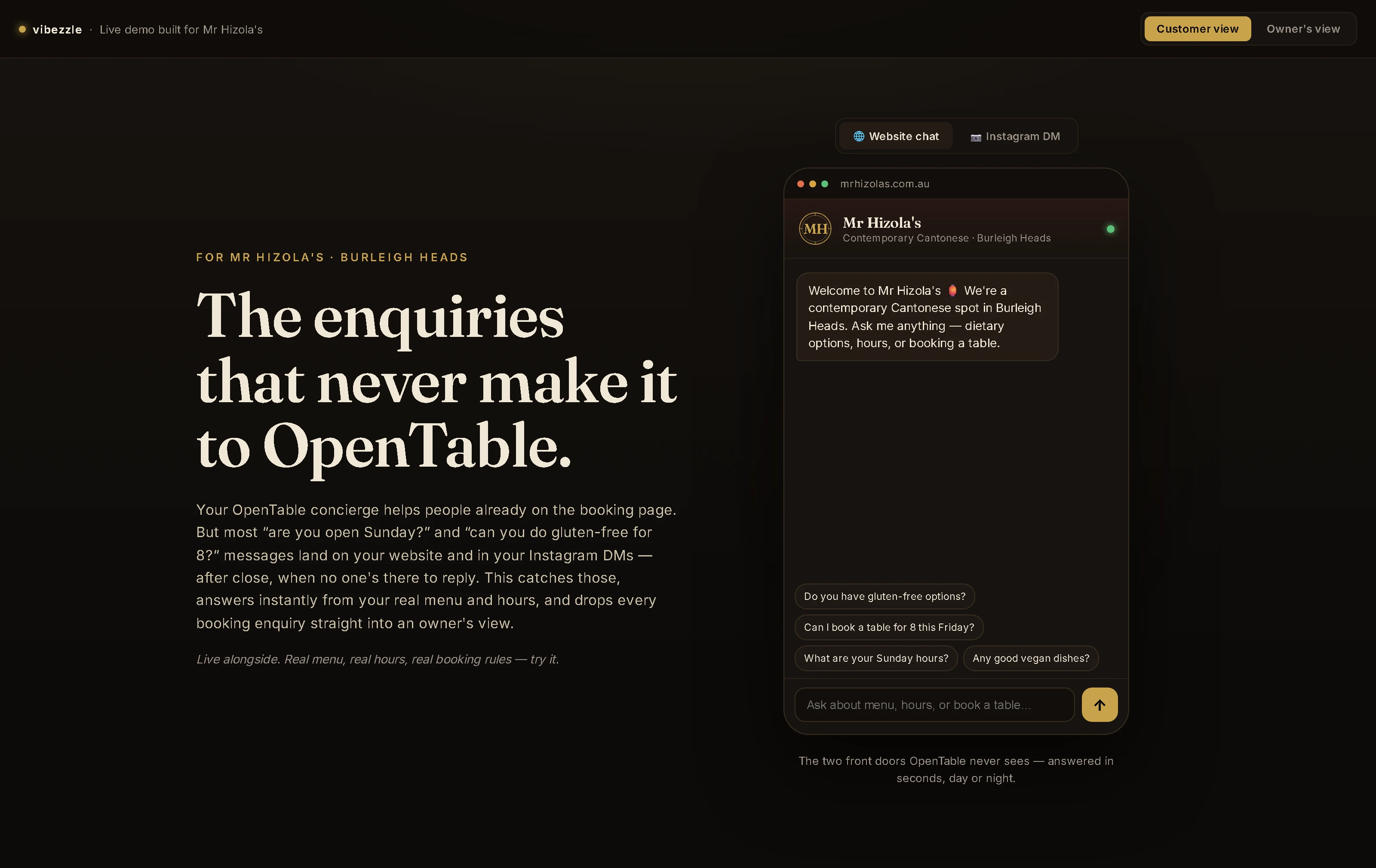 The Concierge demo: a headline about after-hours enquiries next to a live chat window.